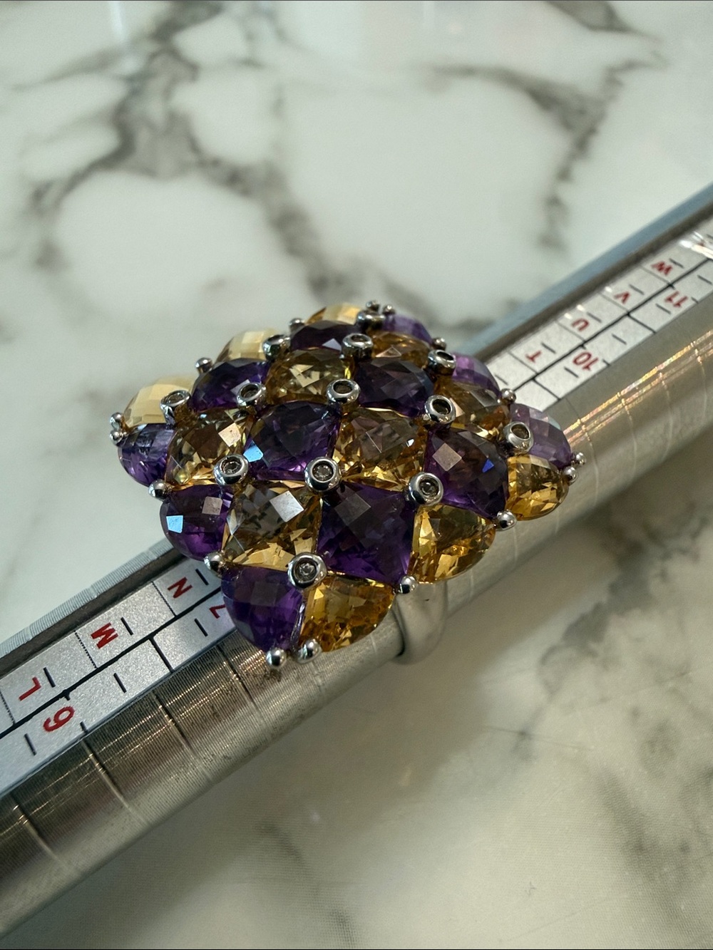 Amethyst-garnet-topaz silver checkerboard ring, size 8